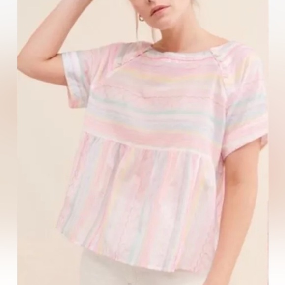 Anthropologie Tops - Anthropologie M Letty Embroidered Babydoll Top Stitched Rainbow Peplum *G24